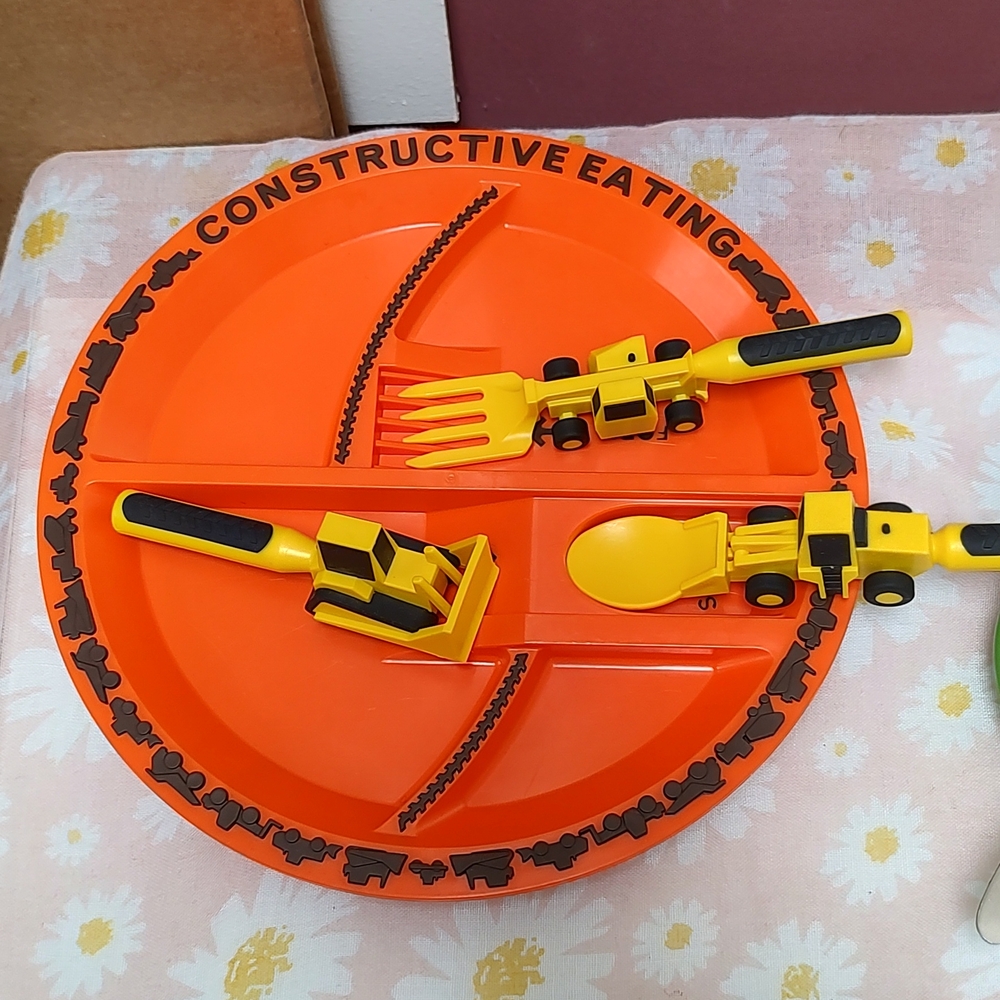 Orange Construction Plate and Utensil Set